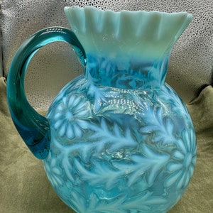 Antique Northwood Gorgeous Glass Daisy Fern Blue Opalescent Pitcher