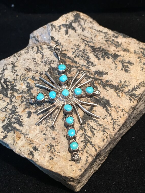 Zuni Artisan Made Cross with Turquroise beads - image 2