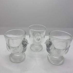 3 Vintage Clear Glass Chick Chicken Hen Egg Cups Made in France