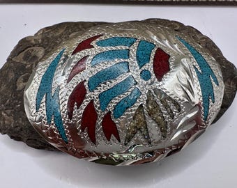 Vtg Turquoise Coral Abalone Inlay Indian Chief Hand Made Western Belt Buckle