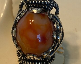 Vintage Turkish Ornate Silver Large Agate size 7 Ring