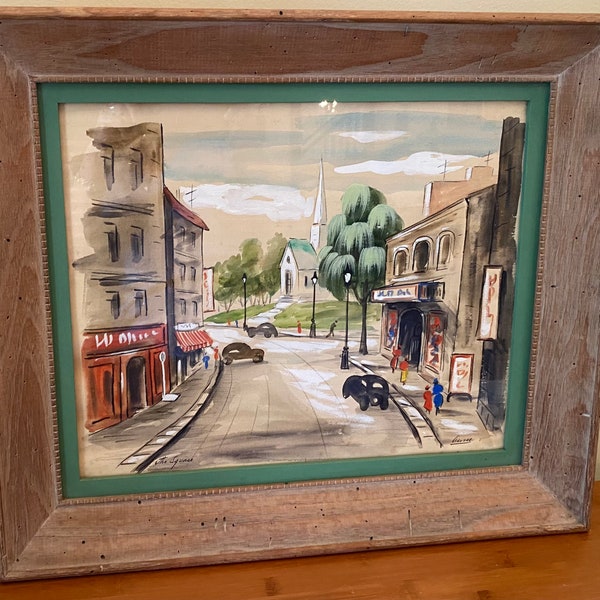 Original 1940s Watercolor Painting “The Square” by Andre, Framed