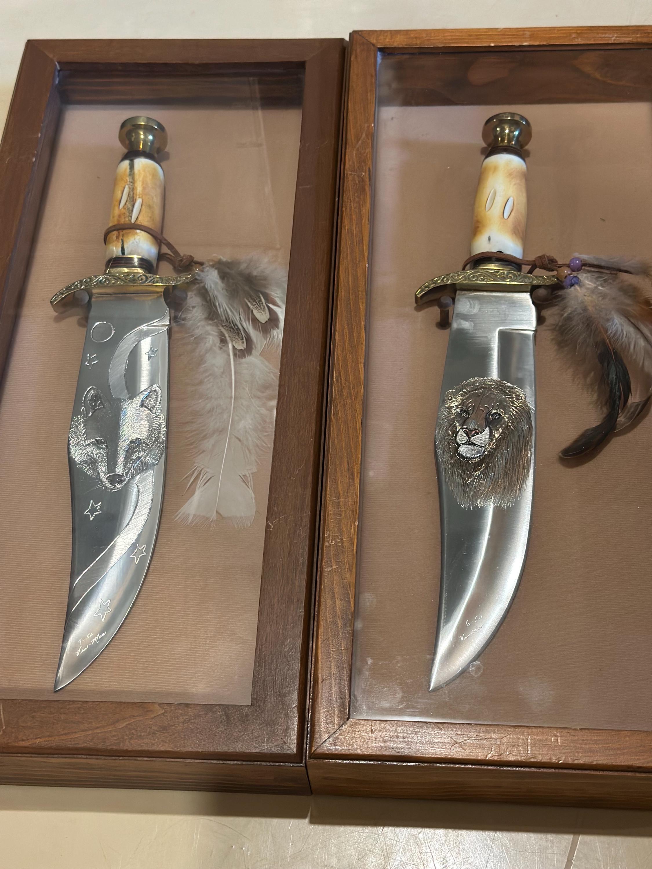 Large Stainless Steel with Brass and Carved Antler Bowie Knife 2 available One is etched with a Lions Head and the other with a Wolf Head .