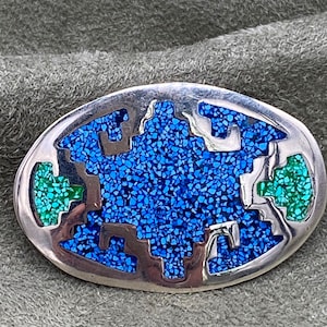 Mexico Sterling Silver Oval Pendant/Brooch w/Crushed Blue and Green Turquoise Inlay