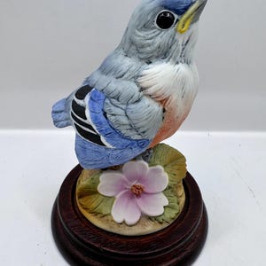Vintage Adrea by Sadek Blue Bird on Dogwood Tree Branch Figurine on a Wooden Base
