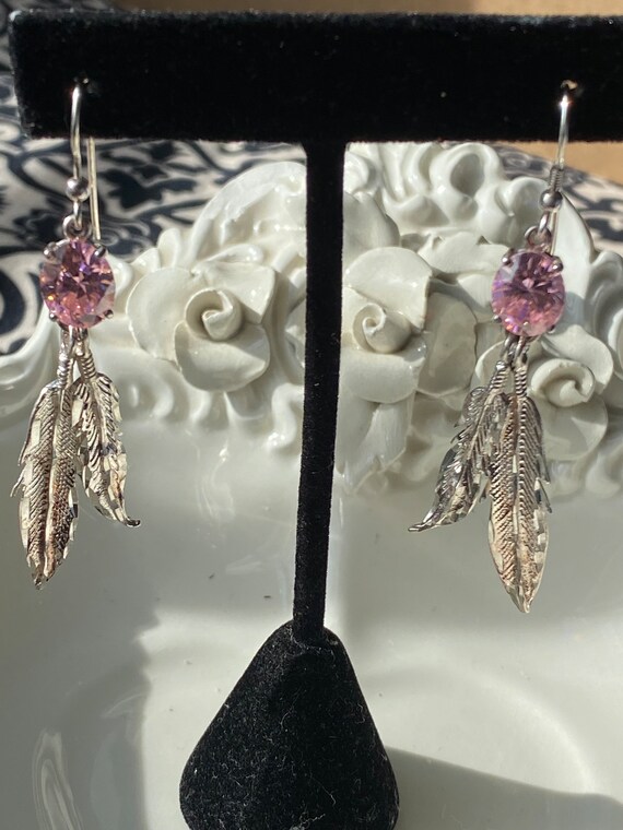 Vintage Sterling Silver Feather and Pink Crystal … - image 3