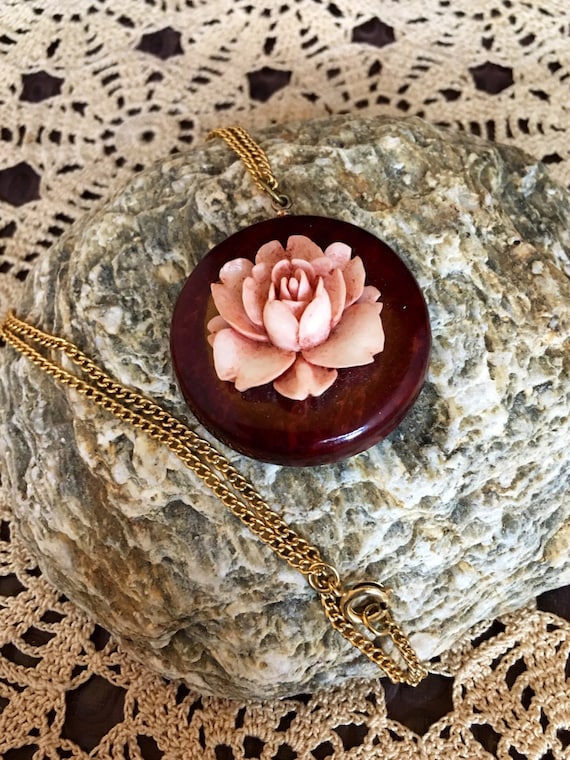 Lovely Rose on wood pendant necklace 