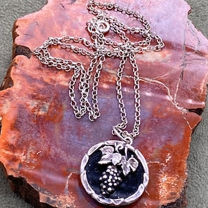 Vintage Sterling Grape Cluster on Obsidian Pendant on a Sterling Necklace