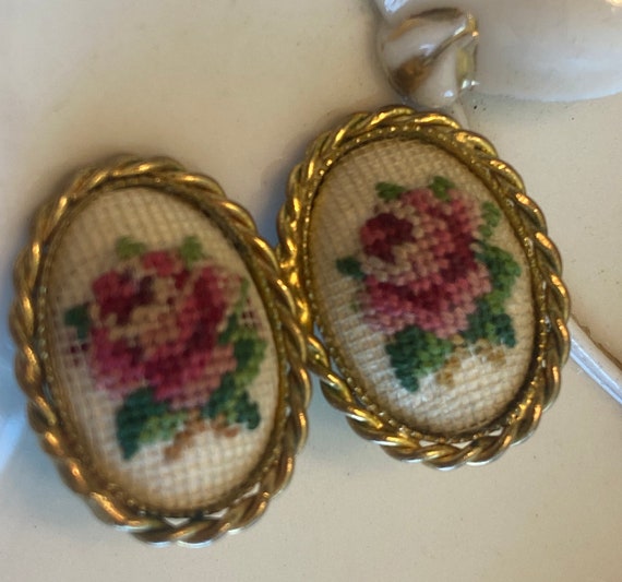 Rose Petit Point Gold Tone clip Earrings - image 1