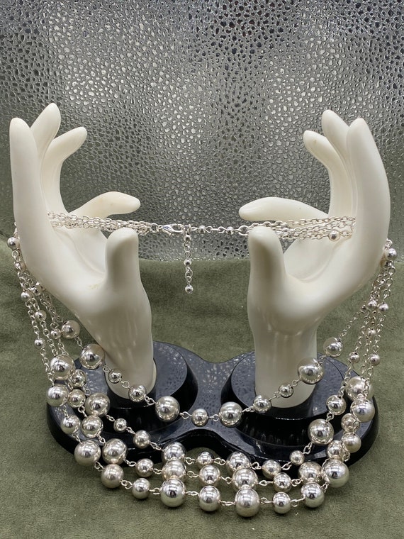 Pretty 3 Strand Silver Beads and Chain Necklace G… - image 3