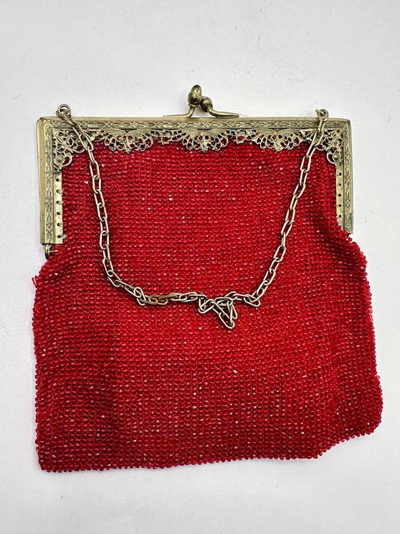 Art Deco Red Glass Beaded Purse with Ornate Metal… - image 1