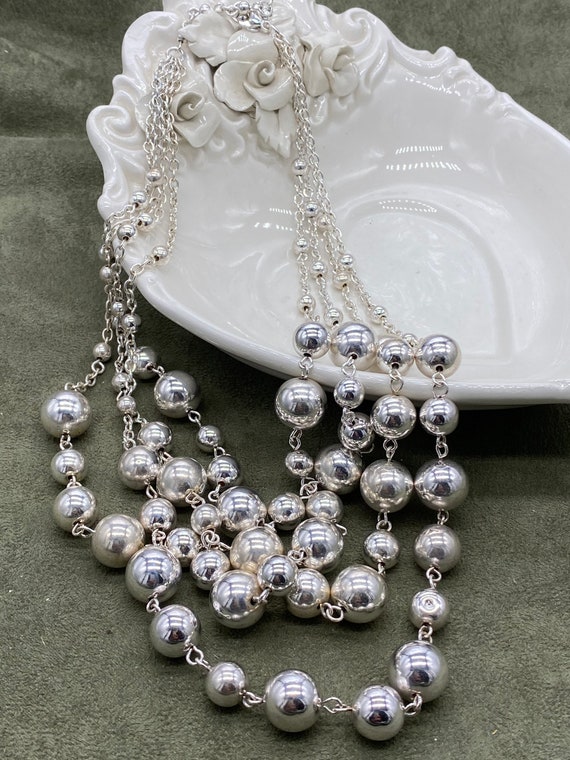 Pretty 3 Strand Silver Beads and Chain Necklace G… - image 1