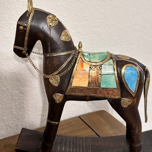 Vintage Wooden Rocking Horse with Brass, Copper, Stone Inlay