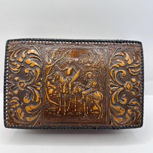 Vintage Spanish Don Quixote and Pedro  Cigar and Cigarette Box, Embossed Leather, Music Box