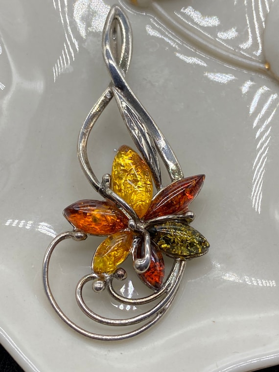 Sterling Silver Various Amber Flower Pendant