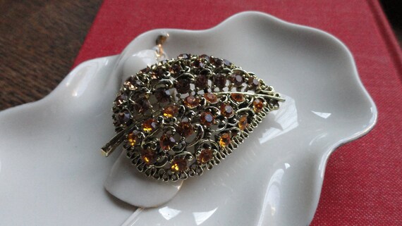 Amber Rhinestone Brooch, Leaf Shaped - image 5