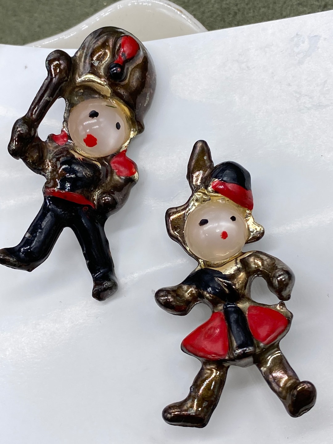 VTG 1950s Drum Major and Flag Girl Marching Band Lapel Pin Brooch Hand