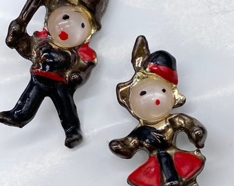 VTG 1950s Drum Major and Flag Girl Marching Band Lapel Pin Brooch Hand Painted Queens Guard