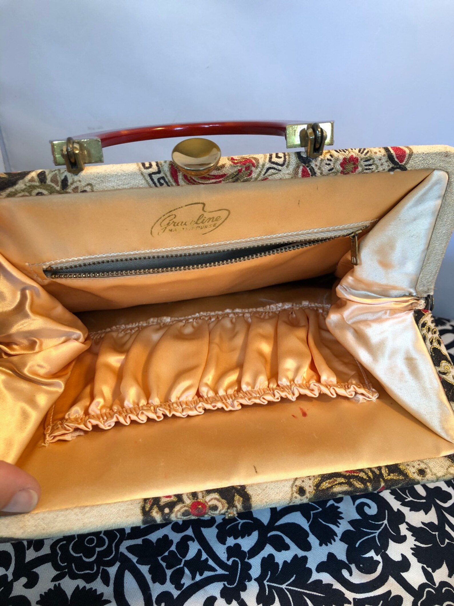 Graceline Master Barkcloth Purse With Lucite Handle Etsy