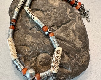 Tribal 16 in Choker Carnelian Bone and Onyx Beads