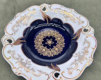 ドイツ製ヴィンテージ　Weimar　コバルトブルー　金彩花模様【稀少品・未使用】 Weimar Porcelain Charger: Cobalt Blue & Gold Leaf, Made in Germany