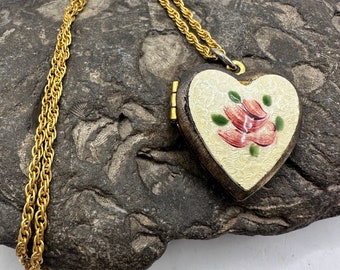 Gold Toned Heart  Photo Locket Rose Enamel Guilloche on a Gold Tone Chain