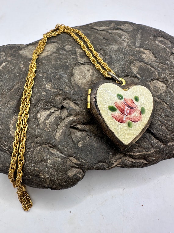 Gold Toned Heart  Photo Locket Rose Enamel Guilloc