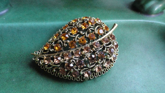 Amber Rhinestone Brooch, Leaf Shaped - image 3