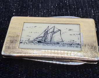 Vintage 1980’s Barlow Scrimshaw Style Gold Tone Stainless Steel Money Clip w/ Pocket Knife & File- Sailing Ship Boat Schooner