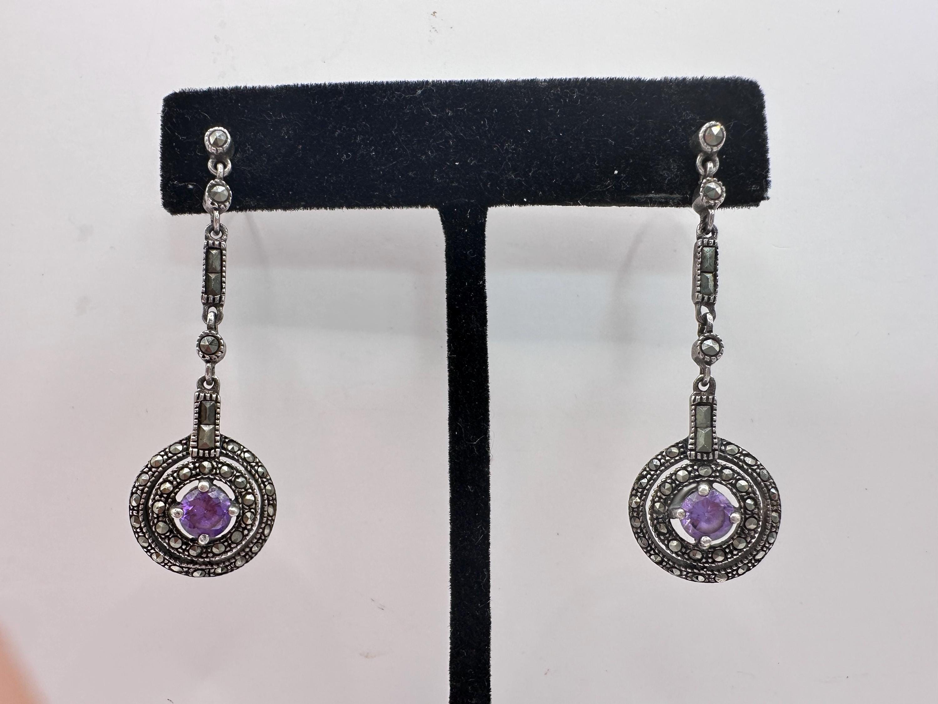 Amethyst Marcasite Earrings Vintage Antique French Edwardian