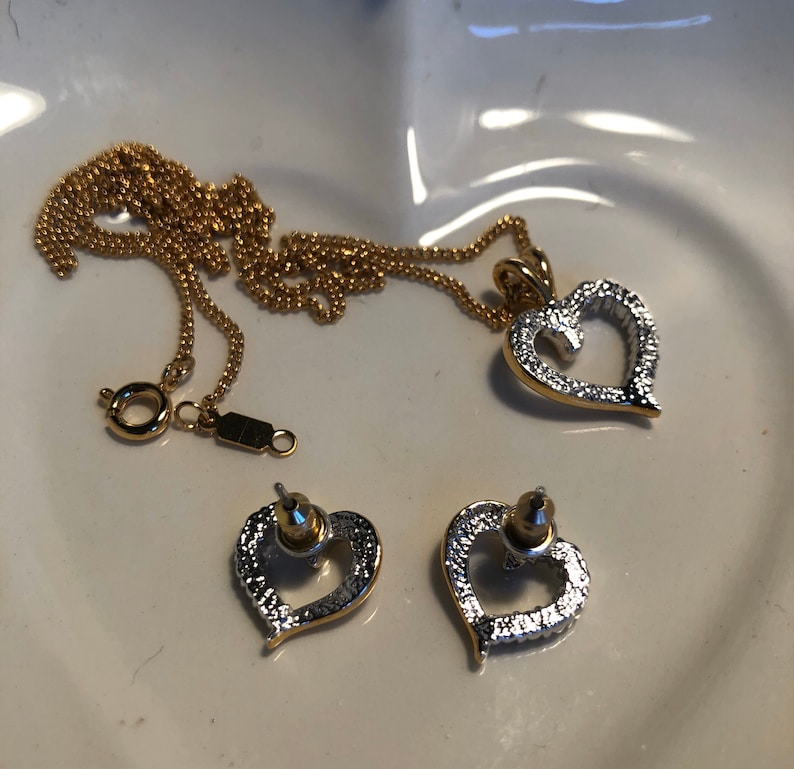 Gold Tone Heart with Rhinestones Necklace and Matching Pierced Earrings