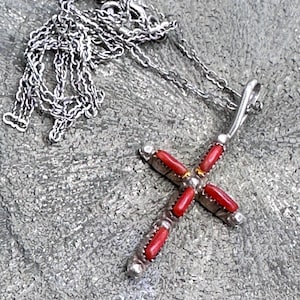 Southwest Sterling Silver Cross with Coral Inset on a 18 in on a Fine Chain