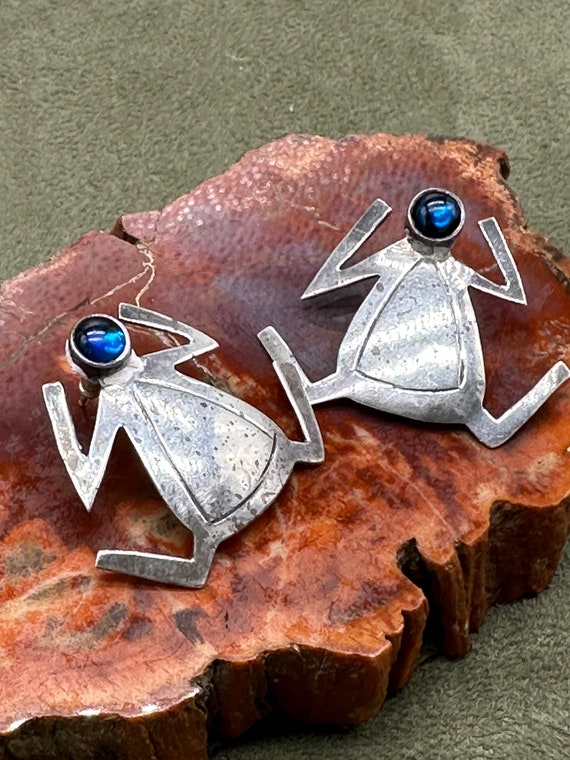 Unique Sterling and Sapphire Navajo Pierced Earrin