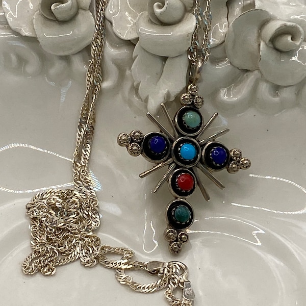 Nice Zuni Multi Stone Sterling Silver Cross on a 24 inch Sterling Silver Chain