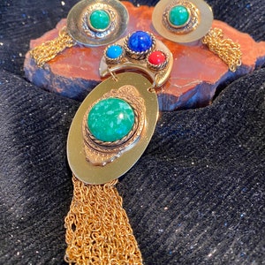 Colorful Cabochons Set in a Gold Tone Brooch and Matching Earrings