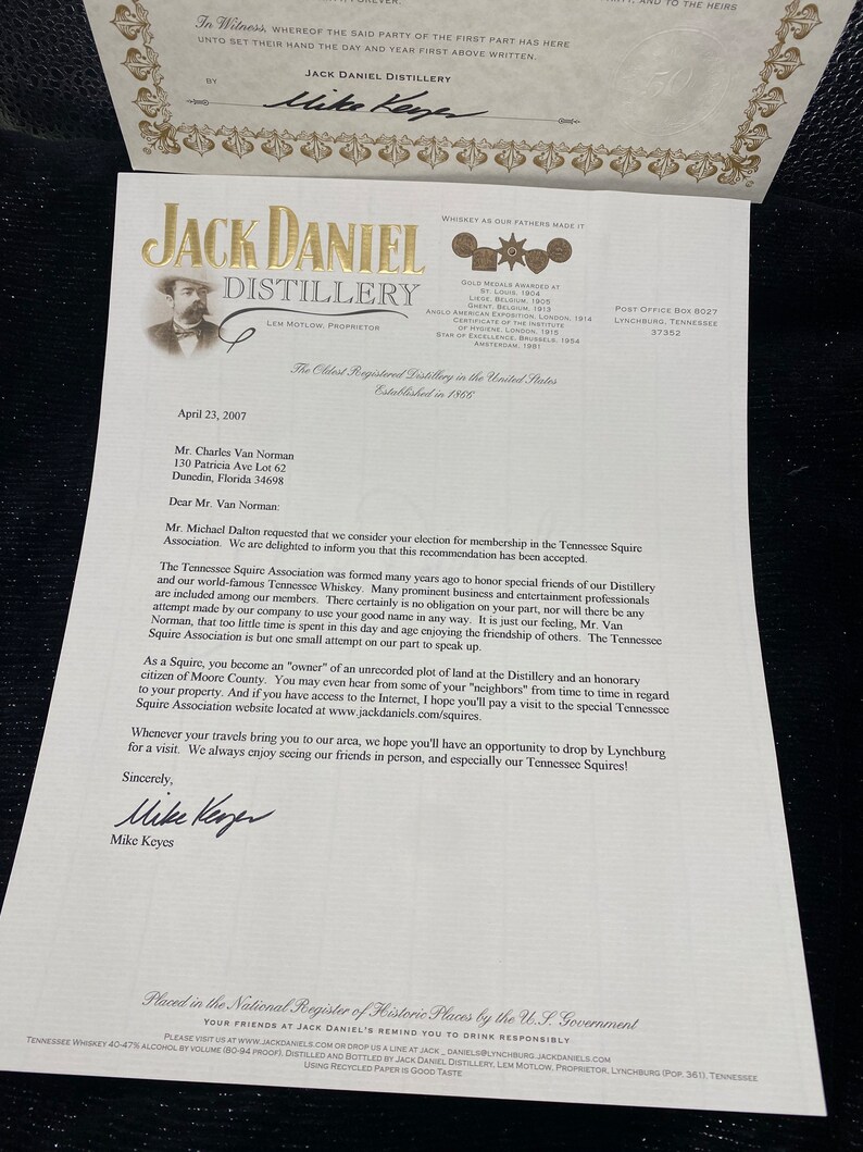 Jack Daniels Distillery Tennessee Squire Deed With Original Etsy