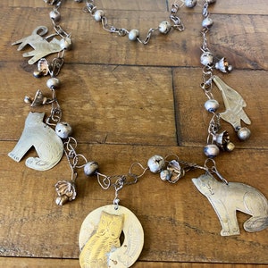Boho 60’s Cat necklace, Hand cut & stamped , Crazy Cat Lady Necklace with Bells, 28 in