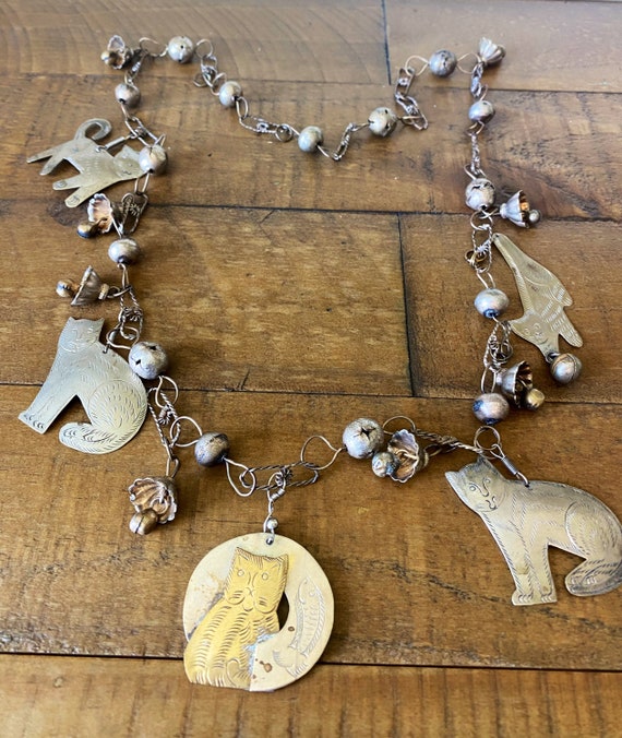 Boho 60’s Cat necklace, Hand cut & stamped , Craz… - image 1