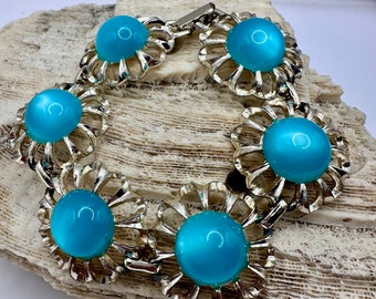 MCM Turquoise Moon Glow Cabbacons set in Silver Tone Thermoplast 8 inch Link Bracelet