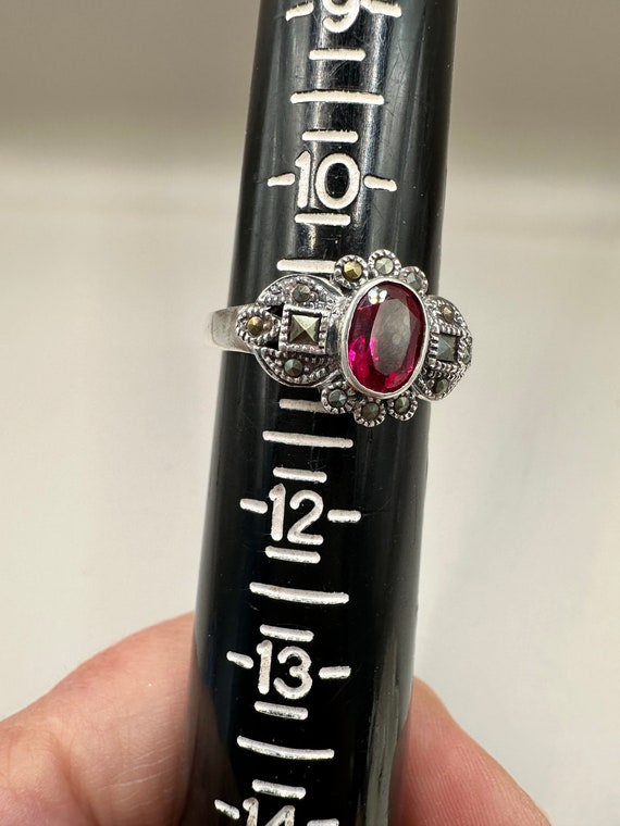 Sterling Silver Art Deco Synthetic Ruby and Marca… - image 5