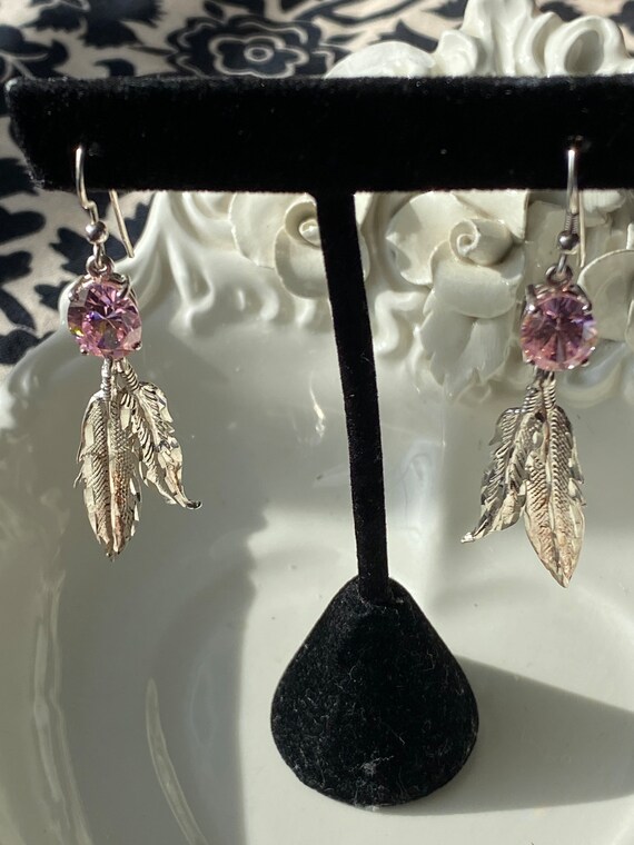 Vintage Sterling Silver Feather and Pink Crystal … - image 6