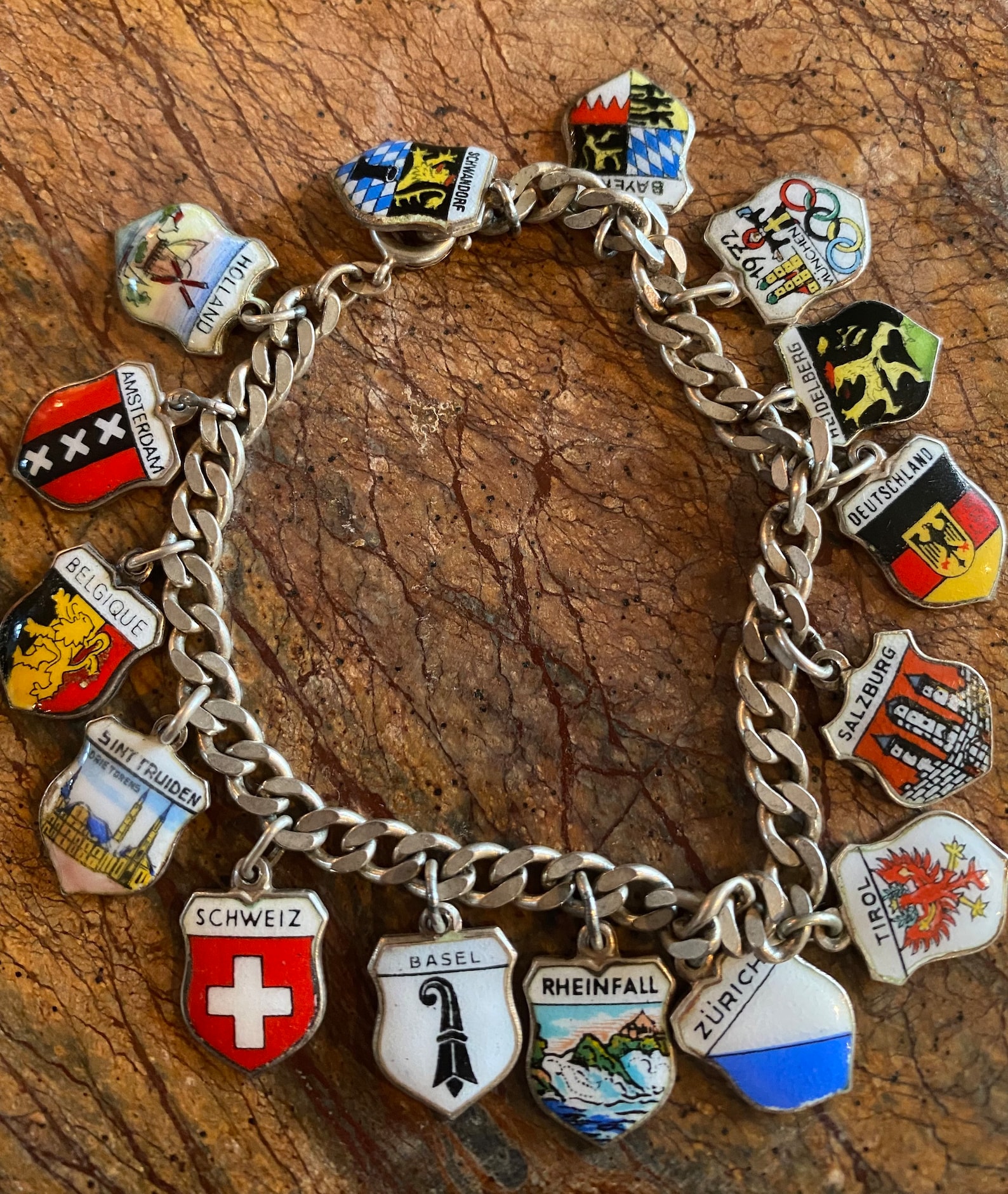 7 1/4” Silver Vintage Enamel Travel Shield Charm Bracelet With 15 Charms