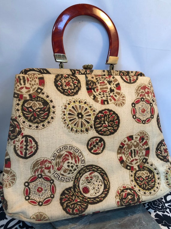 Graceline Master Barkcloth Purse with Lucite Handl