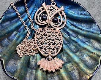 Vintage Owl Pendant Big Eye Gold Chain Black Stone Sarah Coventry Retro 1970's Ornate