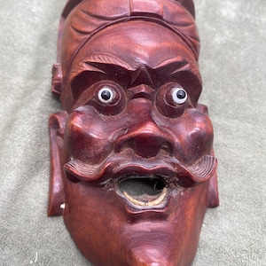 Antique Japanese Wood Carved Face with Glass Eyes