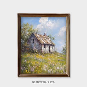 Grange scandinave, peinture vintage imprimable, vieille grange scandinave dans un champ de fleurs d'été, impression d'art mural, téléchargement numérique