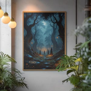 Witchy Forest Wall Art – Mystical Occult Landscape Print with Witches, Glowing Runes & Fog – Dark Fantasy Oil Painting Style Poster