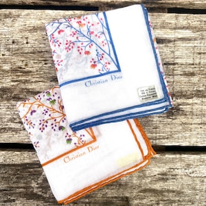 Set of 2 Vintage Christian Dior Handkerchiefs – Floral Motifs, 100% Cotton, Made in France – 35x35 cm