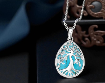 Sterlingzilveren levensboom turkoois ketting: druppelhanger