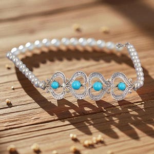 925 Sterling Silver Pearl and Turquoise Bracelet, Dainty Real Silver Gemstone Jewelry, Handmade Gift for Her